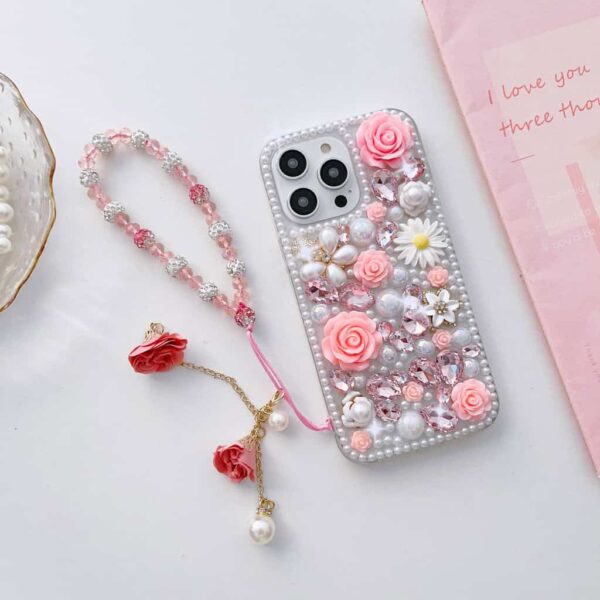 luxury Design glitter Bling pink rose Back acrylic Pearl Phone Case for iphone (IP112) - Image 6