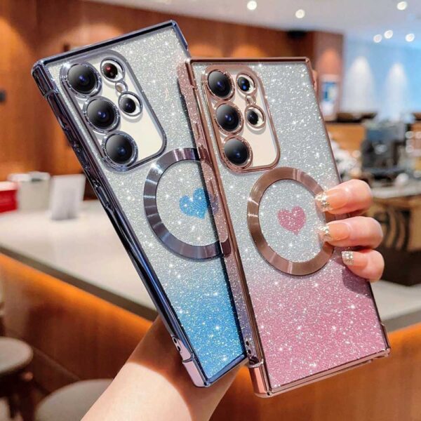 Luxury Gradient Glitter Love Heart Case For Samsung S24 S23 Ultra S22 S21 Plus S23 FE For Magnetic Charging Silicone Cover