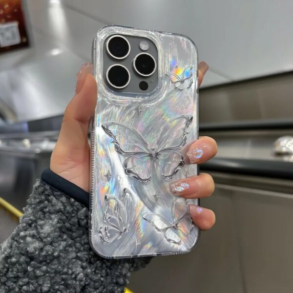 Luxury Laser Butterfly Case For iPhone 11 12 13 14 15 Pro Max Plating Sliver Cover Hard Cover Funda