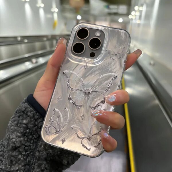 Luxury Laser Butterfly Case For iPhone 11 12 13 14 15 Pro Max Plating Sliver Cover Hard Cover Funda