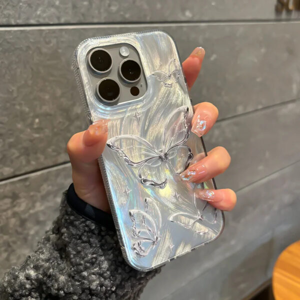 Luxury Laser Butterfly Case For iPhone 11 12 13 14 15 Pro Max Plating Sliver Cover Hard Cover Funda