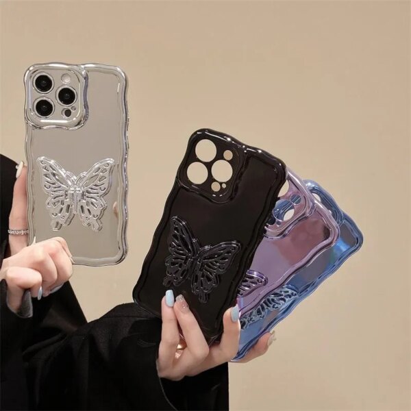 Luxury Mirror Butterfly Bracket Phone Case for IPhone 15 14 13 12 11 Pro Max Electroplated Wavy Edge Shockproof Cover