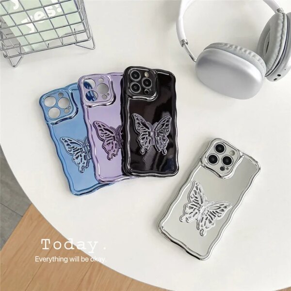 Luxury Mirror Butterfly Bracket Phone Case for IPhone 15 14 13 12 11 Pro Max Electroplated Wavy Edge Shockproof Cover