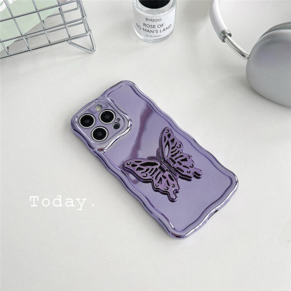 Luxury Mirror Butterfly Bracket Phone Case for IPhone 15 14 13 12 11 Pro Max Electroplated Wavy Edge Shockproof Cover