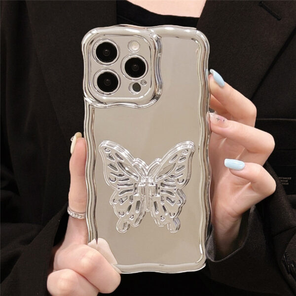 Luxury Mirror Butterfly Bracket Phone Case for IPhone 15 14 13 12 11 Pro Max Electroplated Wavy Edge Shockproof Cover