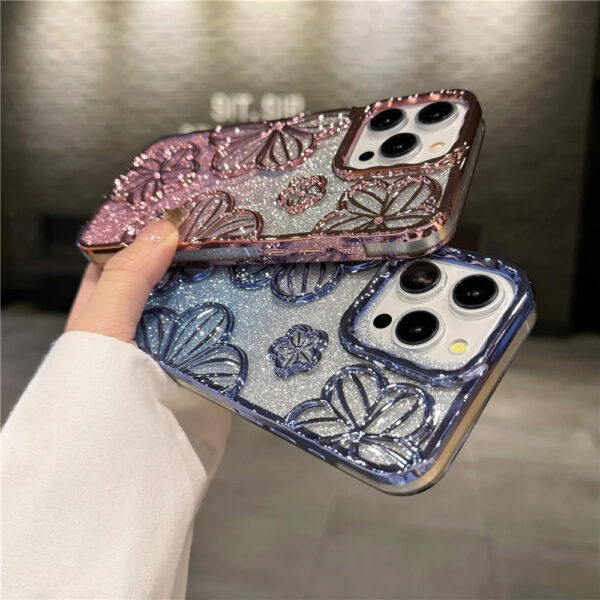 Luxury Plating Clear Bling Glitter Gradient Flowers Soft Silicone Shockproof Phone Case For iPhone 16 Pro Max 15 11 12 13 14