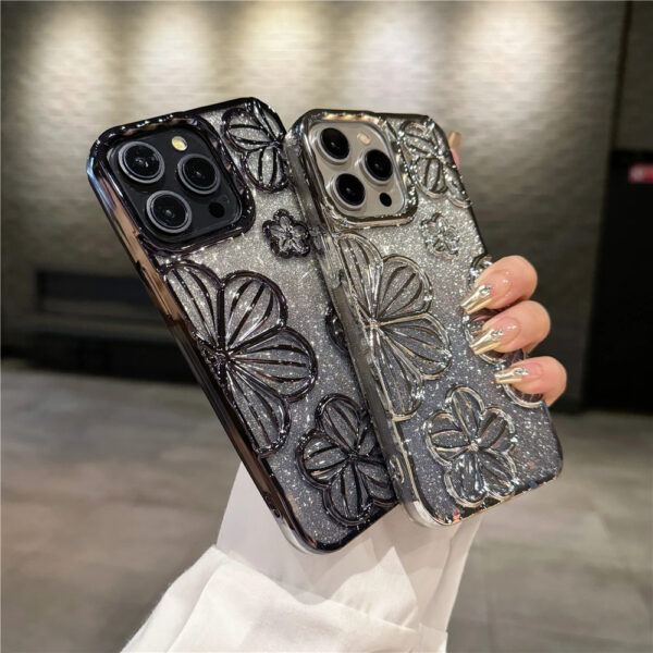 Luxury Plating Clear Bling Glitter Gradient Flowers Soft Silicone Shockproof Phone Case For iPhone 16 Pro Max 15 11 12 13 14