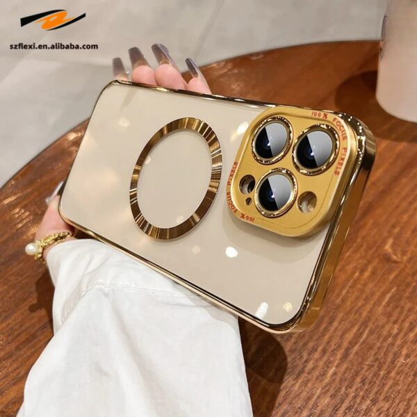 Luxury Plating Magnetic Charging Transparent PC Phone Case For iPhone 15 pro max 14 13 12 Metal Lens Protect Back Cover