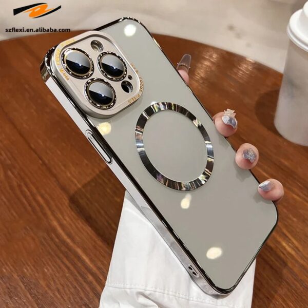 Luxury Plating Magnetic Charging Transparent PC Phone Case For iPhone 15 pro max 14 13 12 Metal Lens Protect Back Cover