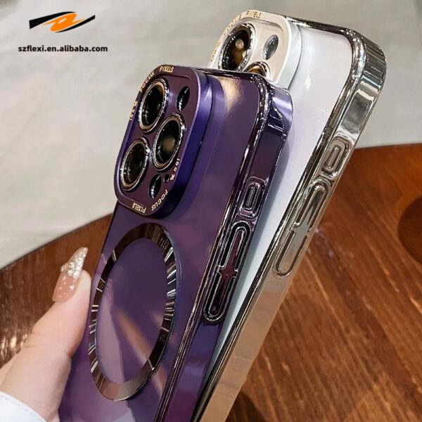 Luxury Plating Magnetic Charging Transparent PC Phone Case For iPhone 15 pro max 14 13 12 Metal Lens Protect Back Cover