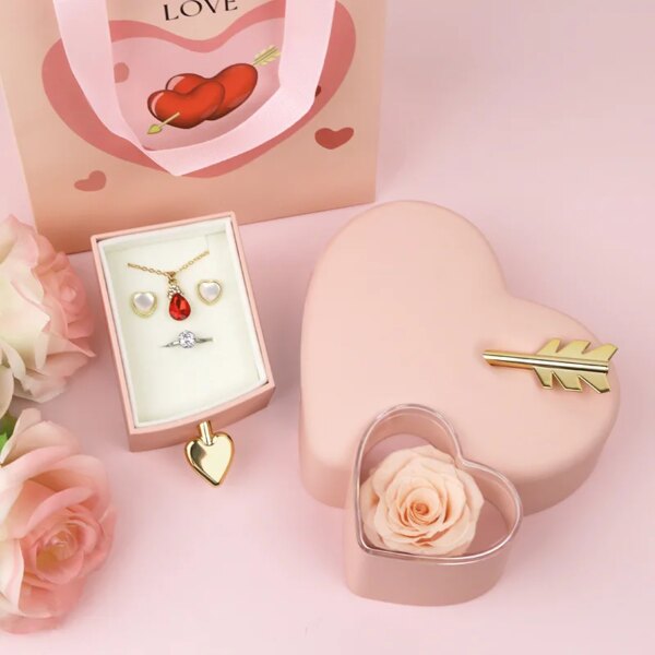 Red Pink Heart Rose Open Window Soap Rose Pendant Necklace Ring Gift Box with Paper Card Paper Bag for Luxury Jewellery Store