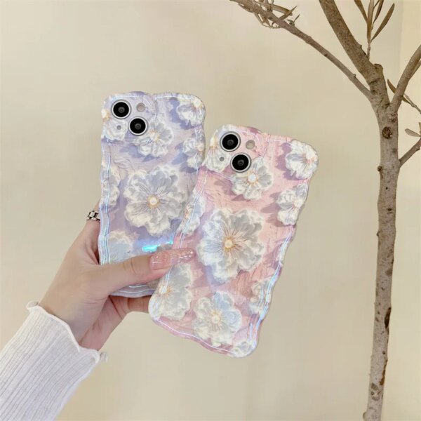 Retro Oil Painting Flowers Shockproof Laser Case For iPhone 12 Pro Max 11 13 14 Pro Max 15 Silicone All-Inclusive Cover