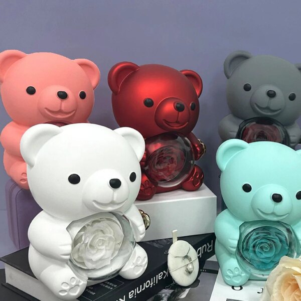 Wholesale Hot Valentine's Gifts Set Hugging Bear Ring Necklace Flower Box Acrylic Hug Bear Rotating Eternal Rose Jewelry Boxes