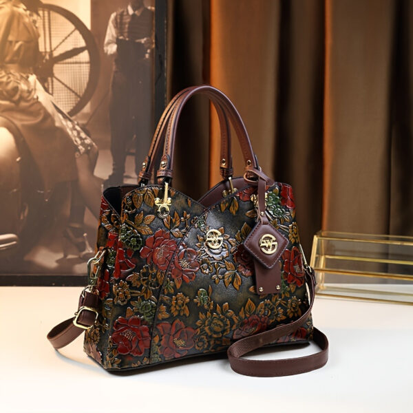 Vintage Flower Pattern Handbag, Luxury PU Leather Tote Bag, Fashion Crossbody Bag for Women