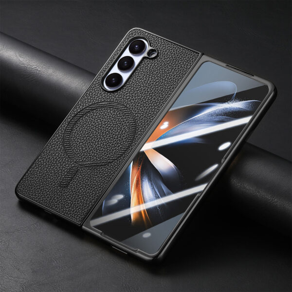 For Samsung Z Fold 6 Phone Case Litchi Pattern Electroplated Shell Film and Leather Protective Case for Samsung Z Fold 5 4