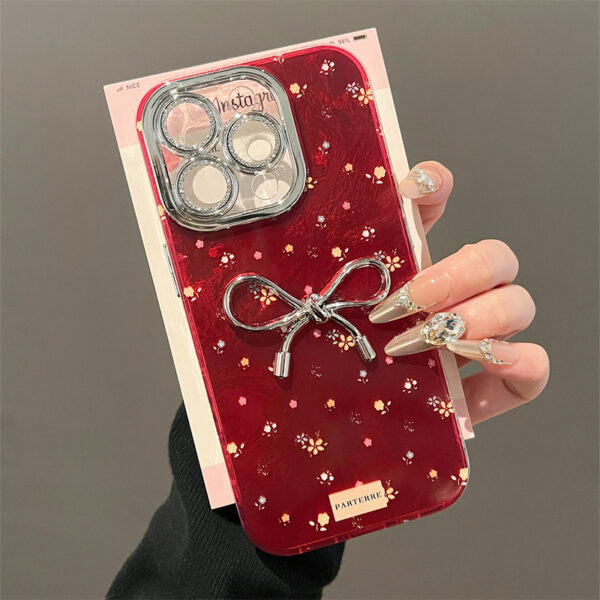 Luxury 3D Bowknot Floral Red Phone Case for iphone 16 15 14 13 12 Pro Max 11 XR Girl Glitter Camera Protector Soft Cover Shell