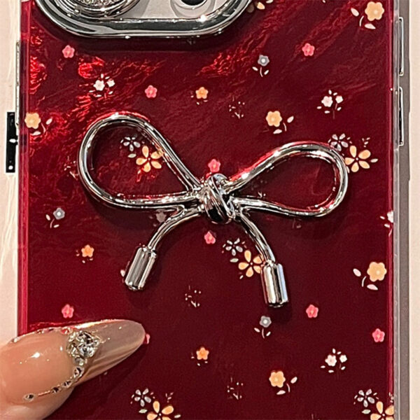 Luxury 3D Bowknot Floral Red Phone Case for iphone 16 15 14 13 12 Pro Max 11 XR Girl Glitter Camera Protector Soft Cover Shell