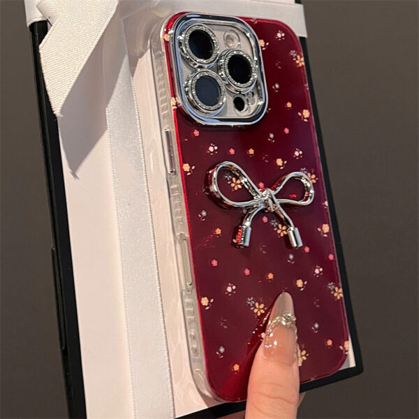 Luxury 3D Bowknot Floral Red Phone Case for iphone 16 15 14 13 12 Pro Max 11 XR Girl Glitter Camera Protector Soft Cover Shell