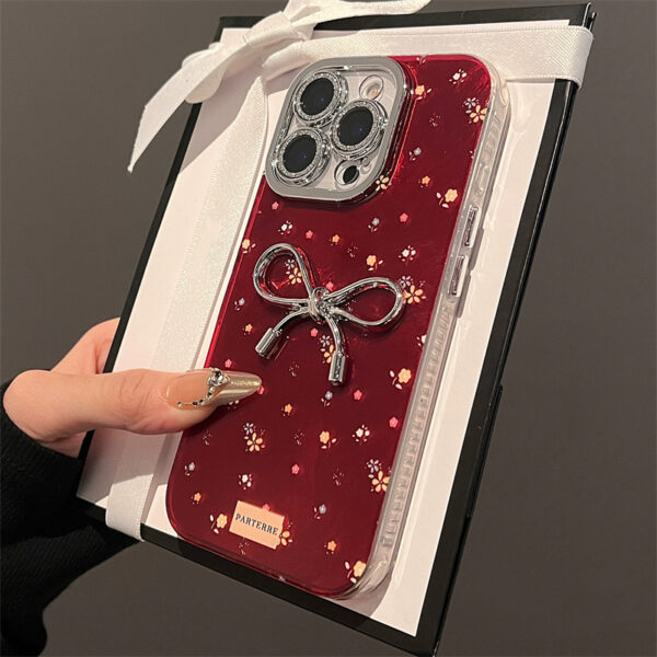 Luxury 3D Bowknot Floral Red Phone Case for iphone 16 15 14 13 12 Pro Max 11 XR Girl Glitter Camera Protector Soft Cover Shell