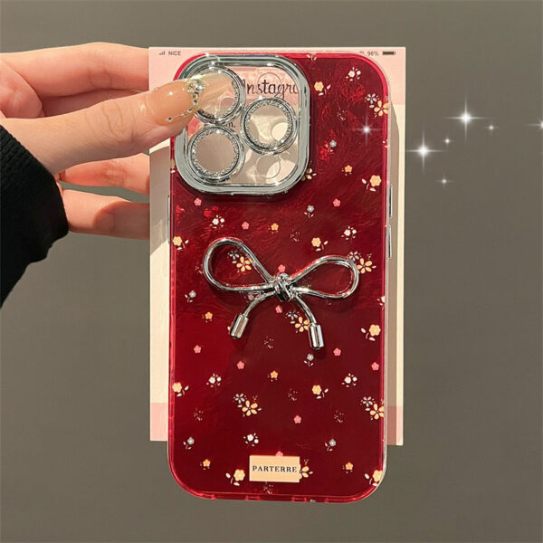 Luxury 3D Bowknot Floral Red Phone Case for iphone 16 15 14 13 12 Pro Max 11 XR Girl Glitter Camera Protector Soft Cover Shell