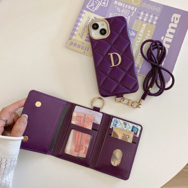 Luxury Fashion PU Leather Metal Letter Custom Lanyard Mobile Phone case Suitable for IPhone15 14 13 Diamond Pattern Card Holder