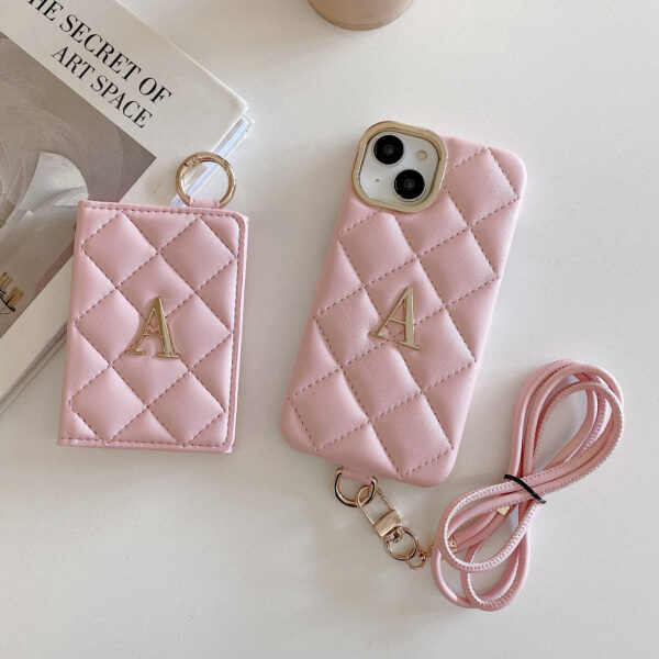 Luxury Fashion PU Leather Metal Letter Custom Lanyard Mobile Phone case Suitable for IPhone15 14 13 Diamond Pattern Card Holder