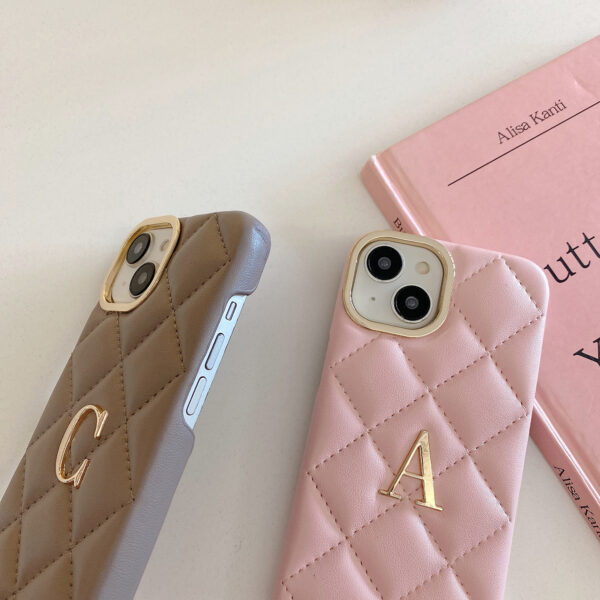 Luxury Fashion PU Leather Metal Letter Custom Lanyard Mobile Phone case Suitable for IPhone15 14 13 Diamond Pattern Card Holder