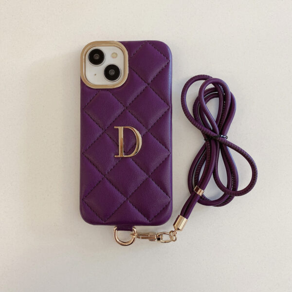 Luxury Fashion PU Leather Metal Letter Custom Lanyard Mobile Phone case Suitable for IPhone15 14 13 Diamond Pattern Card Holder