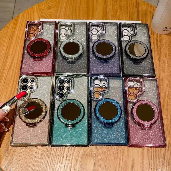 New Luxury Design Glitter Diamond Edge Phone case for Samsung S25 Ultra S24 Plus S23 with Holder Circle Stand Mirror Cover