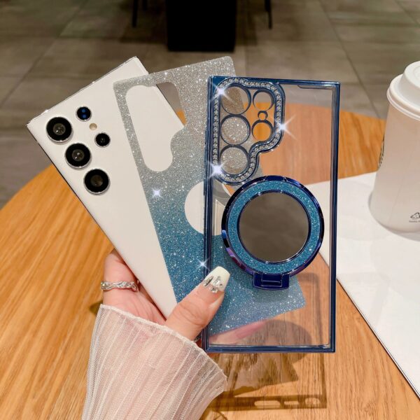 New Luxury Design Glitter Diamond Edge Phone case for Samsung S25 Ultra S24 Plus S23 with Holder Circle Stand Mirror Cover