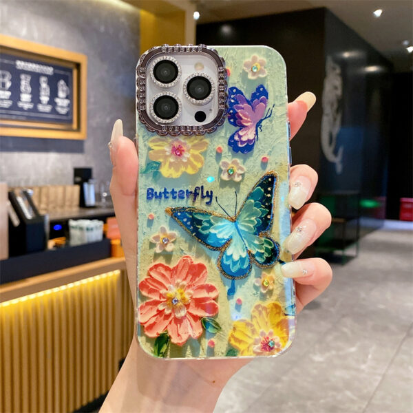 The New Blue Rhinestone Oil Painting Rainbow Butterfly Fashion Phone case for IPhone16promax 15pro Fall protection case 14 13 12