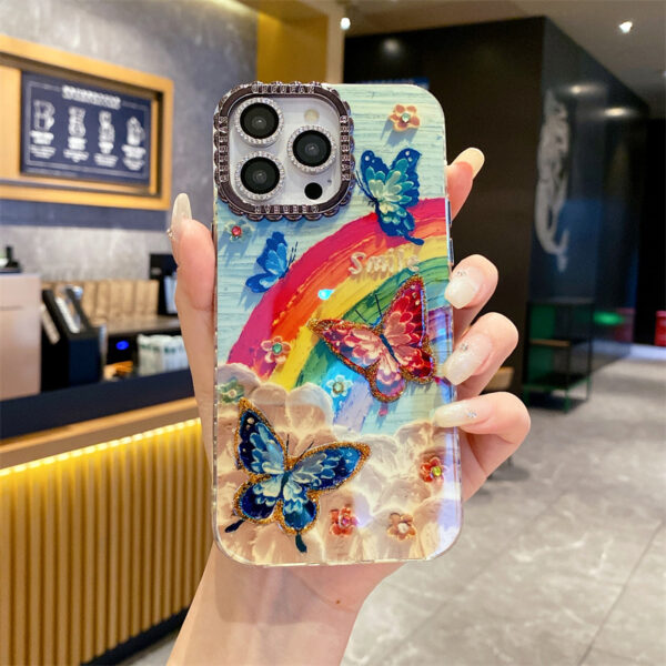 The New Blue Rhinestone Oil Painting Rainbow Butterfly Fashion Phone case for IPhone16promax 15pro Fall protection case 14 13 12