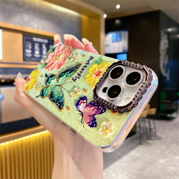 The New Blue Rhinestone Oil Painting Rainbow Butterfly Fashion Phone case for IPhone16promax 15pro Fall protection case 14 13 12