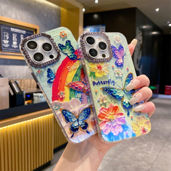 The New Blue Rhinestone Oil Painting Rainbow Butterfly Fashion Phone case for IPhone16promax 15pro Fall protection case 14 13 12