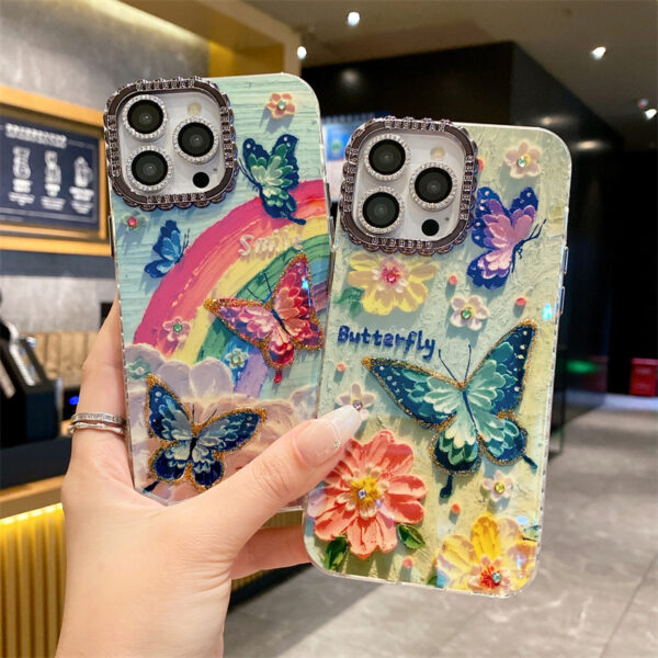 The New Blue Rhinestone Oil Painting Rainbow Butterfly Fashion Phone case for IPhone16promax 15pro Fall protection case 14 13 12