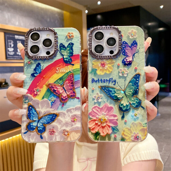 The New Blue Rhinestone Oil Painting Rainbow Butterfly Fashion Phone case for IPhone16promax 15pro Fall protection case 14 13 12