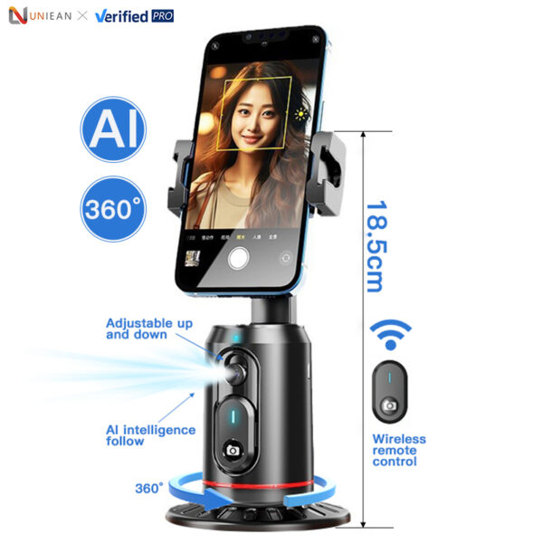 UNIEAN 360 Rotation Phone Holder Auto Face Tracking Gimbal Stabilizer Camera AI Tripod Selfie Stick Phone Shooting Face Remote