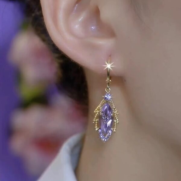 French Purple Double-layer Zircon Leaf Ear Buckle Medium Long Sparkling Diamond Earrings