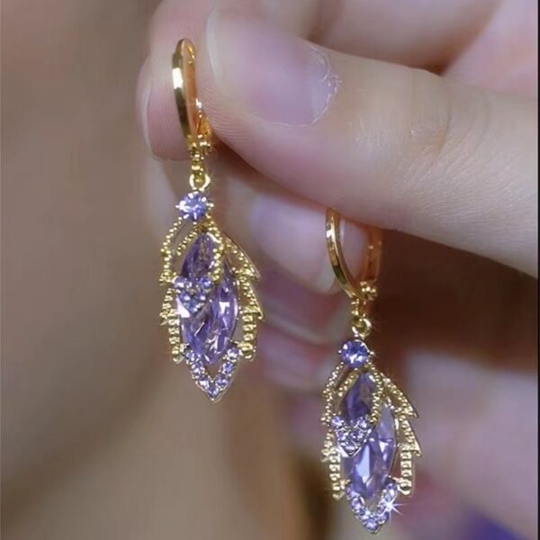 French Purple Double-layer Zircon Leaf Ear Buckle Medium Long Sparkling Diamond Earrings