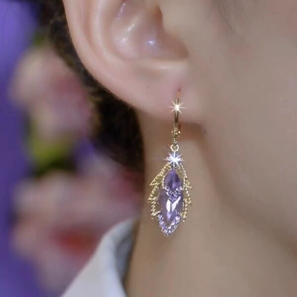 French Purple Double-layer Zircon Leaf Ear Buckle Medium Long Sparkling Diamond Earrings
