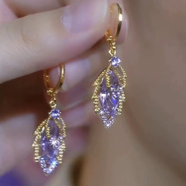 French Purple Double-layer Zircon Leaf Ear Buckle Medium Long Sparkling Diamond Earrings