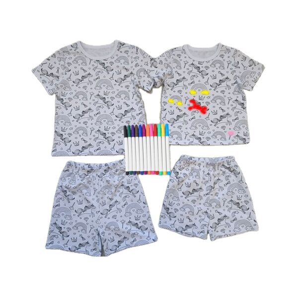 Hot Selling Kids Summer 95% Cotton 5% Spandex Children Coloring Pajamas Set Short Sleeve Kids Coloring Pajamas with Marker