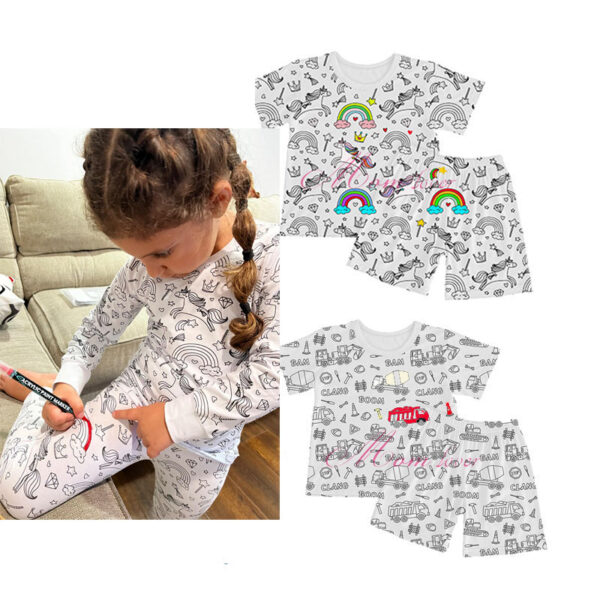 Hot Selling Kids Summer 95% Cotton 5% Spandex Children Coloring Pajamas Set Short Sleeve Kids Coloring Pajamas with Marker