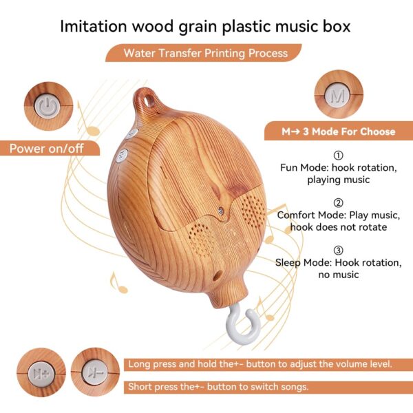 Nordic Unique Products Rotating Hook Baby Decor Wooden Babymobile Cot Mobile Music Box With 35 Tunes Volume Adjustable