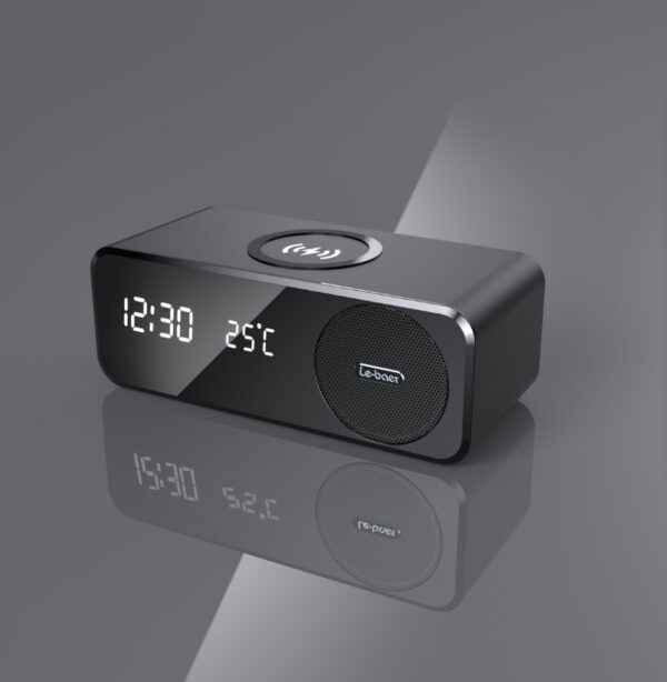 OEM ODM 4 in 1 BT 5.1 Mini Wood Speaker Super Bass Portable Wireless Charger Lamp Speaker with Alarm Clock