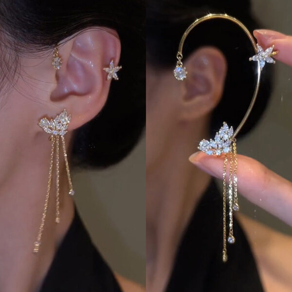 Sweet Hanging Earrings Ear Clip Zircon Earrings Hanging Crystal Butterfly Tassel Earrings Ear Bone Clip for Girls