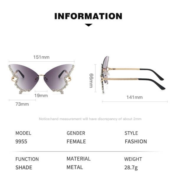 2024 Sunglasses Wholesale Beautiful Butterfly Diamond Decoration Diamond Encrusted Sunglasses UV400 Rimless Ins Fashion
