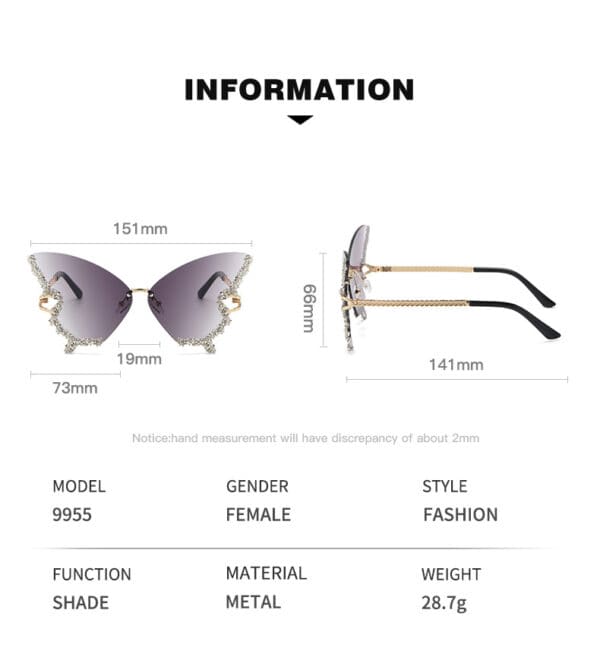 2024 Sunglasses Wholesale Beautiful Butterfly Diamond Decoration Diamond Encrusted Sunglasses UV400 Rimless Ins Fashion