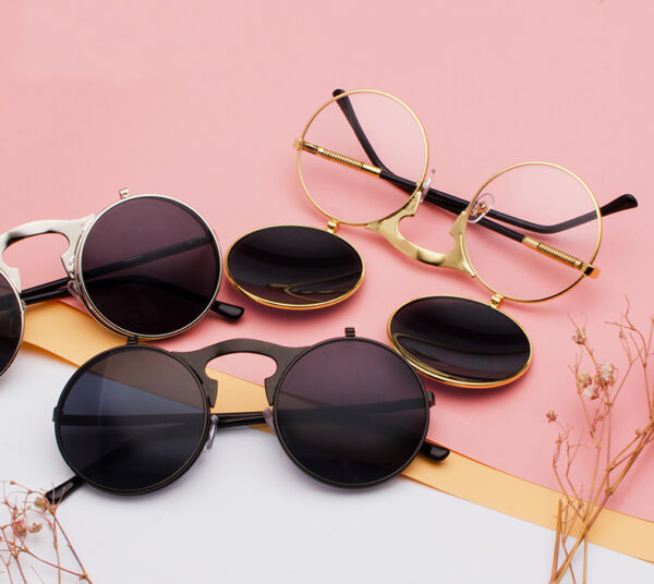 2025 Hot Sale Wholesale Price Metal Side Package Clamshell Trend Vintage Round Sunglasses Metal Round Flip up Sunglasses