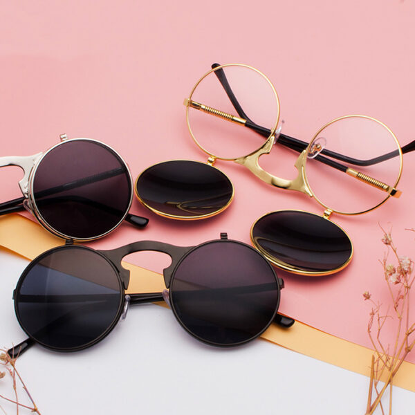 2025 Hot Sale Wholesale Price Metal Side Package Clamshell Trend Vintage Round Sunglasses Metal Round Flip up Sunglasses